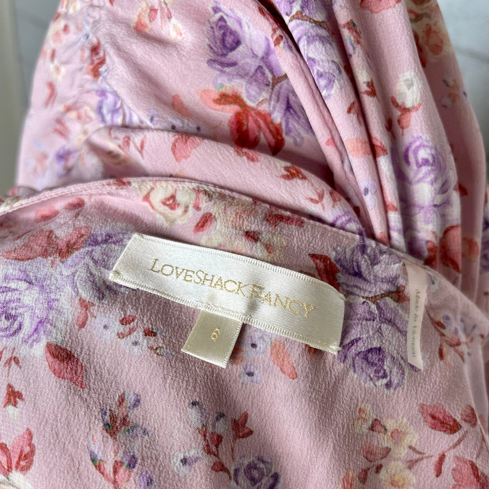 NEW! LoveShackFancy 6 Angie SILK Midi Dress Milkmaid Puff Shoulder Floral Pink - Picture 13 of 15